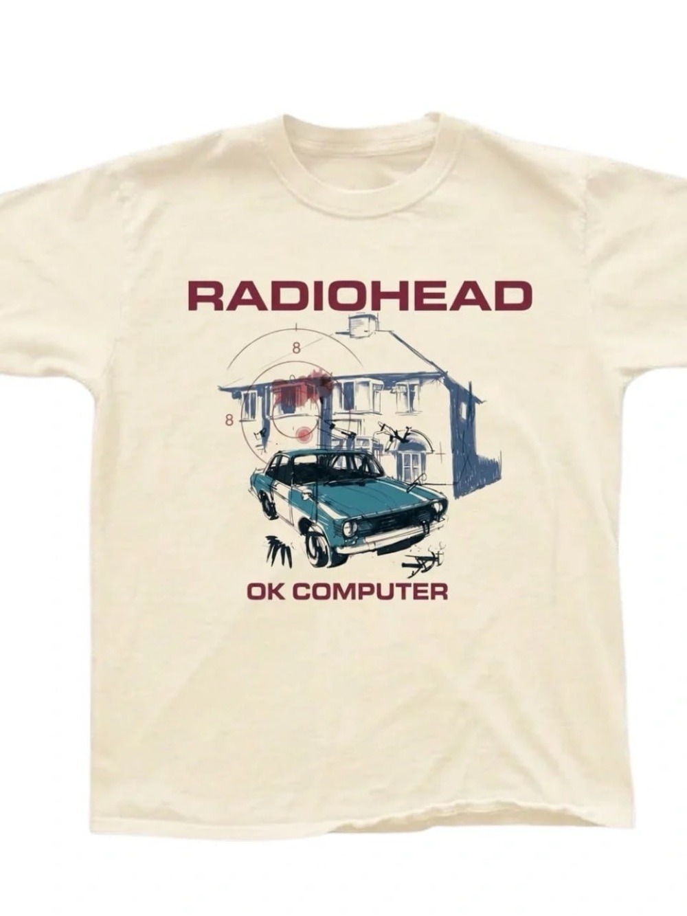 Cream Radiohead OK Computer Tee with Teal & Maroon Print